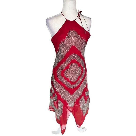 BCBGMAXAZRIA Women's Boho Halter Neckline Mini Dress Red Size 6P - Picture 1 of 6